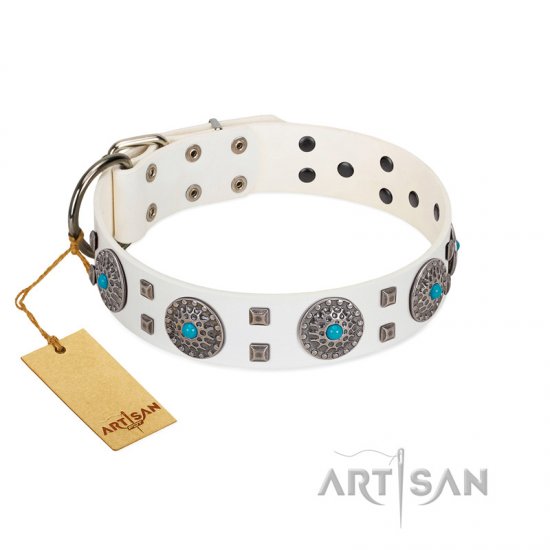 "Blue Sapphire" Designer FDT Artisan White Leather Dog Collar with Round Plates and Square Studs - Click Image to Close