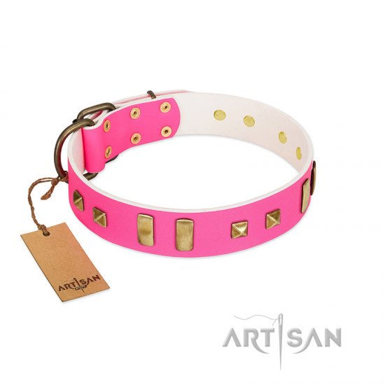 "Sweet Roll" FDT Artisan Pink Leather Dog Collar Adorned with Plates and Square Studs - Click Image to Close