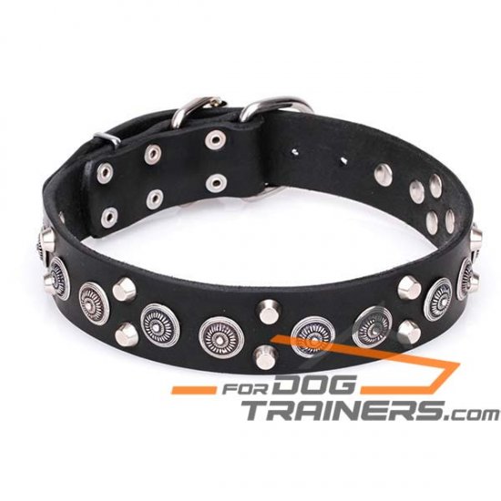 ‘Silk-stocking’ Leather Canine Collar with Circles and Cones - Click Image to Close