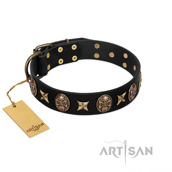 "Starry Saga" FDT Artisan Black Leather Dog Collar with Stars and Skulls - Click Image to Close