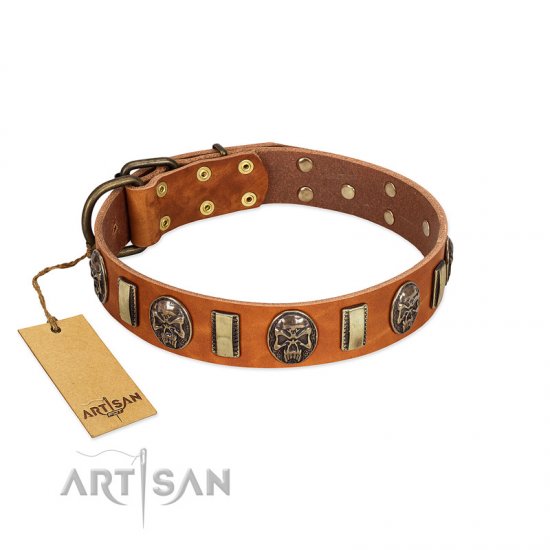 "Strike of Rock" FDT Artisan Tan Leather Dog Collar with Plates and Medallions with Skulls - Click Image to Close