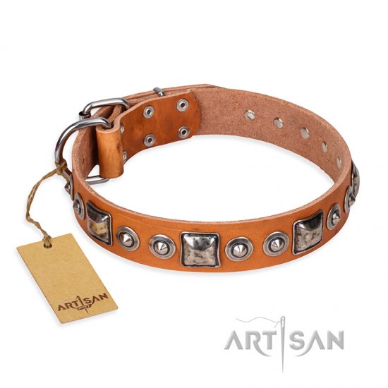 'Era of Future' FDT Artisan Handcrafted Tan Leather Dog Collar with Decorations - Click Image to Close