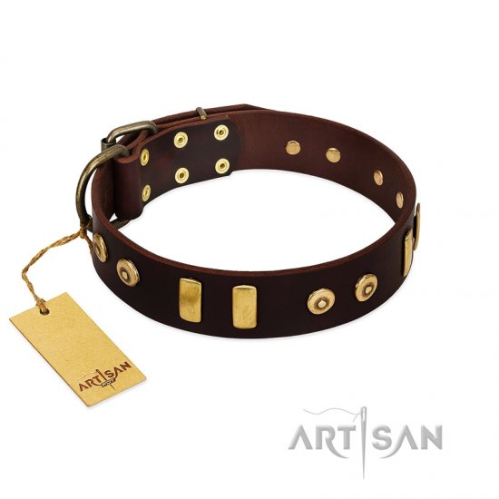 "Lord of Dogs" FDT Artisan Brown Leather Dog Collar with Old Bronze-like Dotted Studs and Tiles - Click Image to Close