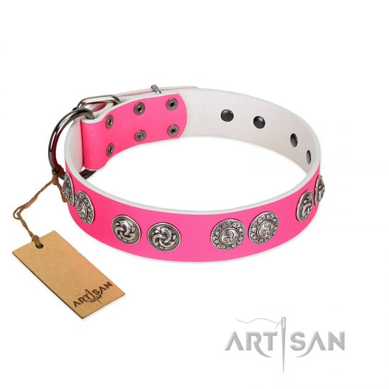 "Periapt of Power" FDT Artisan Pink Leather Dog Collar with Chrome Plated Medallions - Click Image to Close