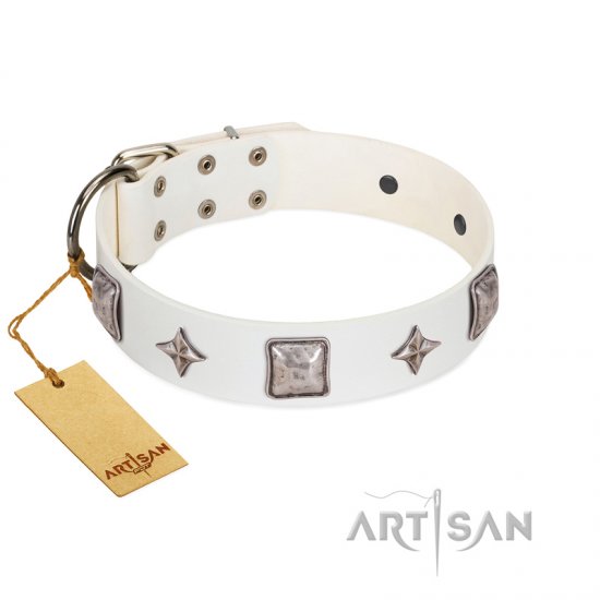 "Vanilla Ice" FDT Artisan Handmade White Leather Dog Collar with Silver-like Adornments