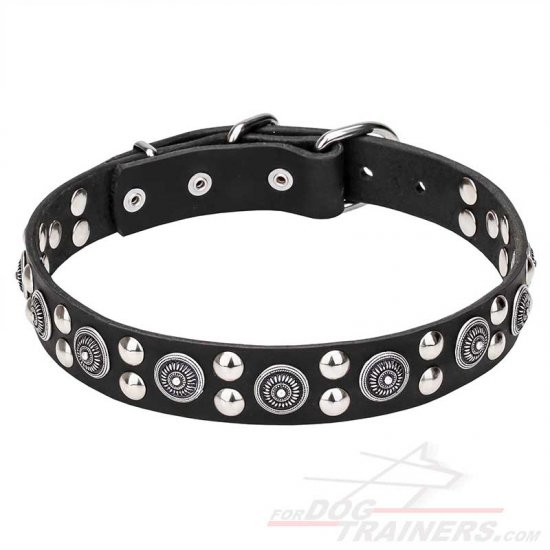 'Galactic Style' Leather Dog Collar with Silver-like Circles and Round Studs - Click Image to Close