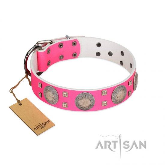 "Sunny Star" Designer Handmade FDT Artisan Pink Leather Dog Collar - Click Image to Close