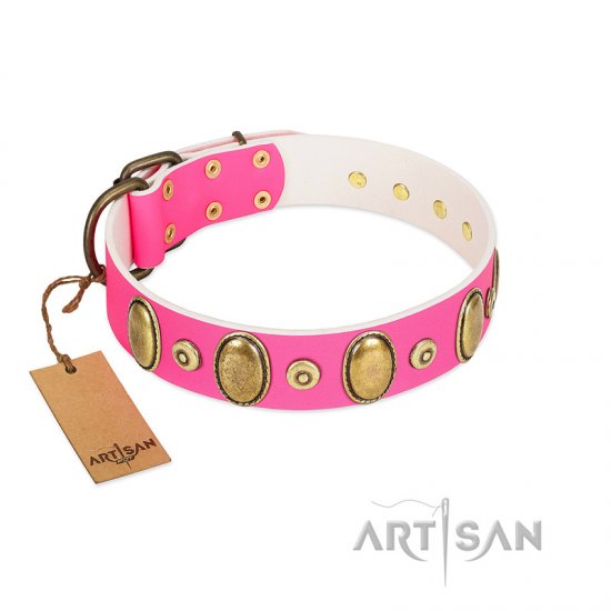 "Drawing Power" FDT Artisan Pink Leather Dog Collar with Engraved Ovals and Dotted Studs - Click Image to Close