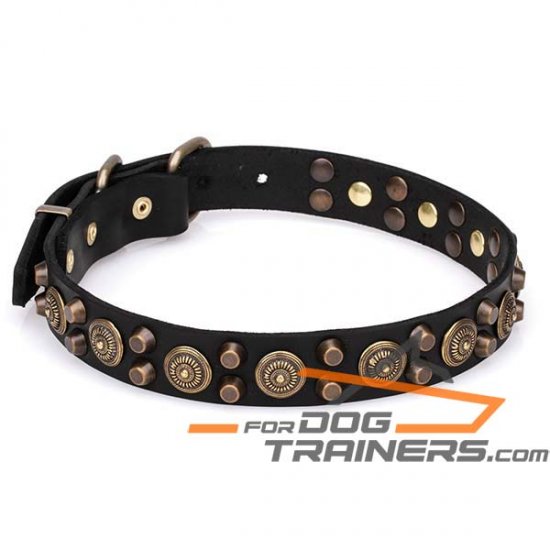 'Bronzed Sun' Extra Strong Leather Dog Collar with Rustproof Hardware 1 1/5 inch (30 mm) Wide - Click Image to Close