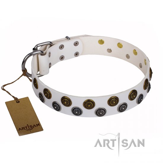 ‘Snowflake’ FDT Artisan White Leather Dog Collar with Sparkling Circles