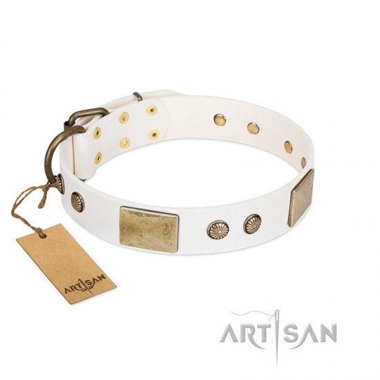 "Pure Elegance " FDT Artisan White Decorated Leather Dog Collar - 1 1/2 inch (40 mm) wide - Click Image to Close