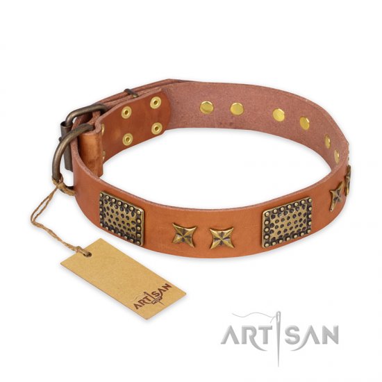 'Cosmic Traveller' FDT Artisan Adorned Leather Dog Collar with Old Bronze-Plated Stars and Plates 1 1/2 inch (40 mm) Wide