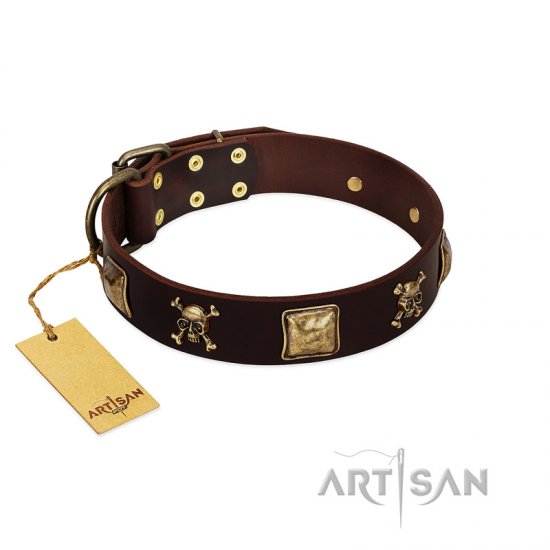 "Crazy Pirate" FDT Artisan Brown Leather Dog Collar with Old Bronze-Plated Skulls and Plates - Click Image to Close