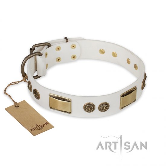 'Golden Avalanche' FDT Artisan White Leather Dog Collar with Old Bronze Look Plates and Circles - 1 1/2 inch (40 mm) wide - Click Image to Close