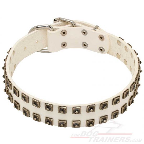 White Leather Dog Collar with Old Nickel Square Studs for Daily Walking - NEW OFFER - Click Image to Close