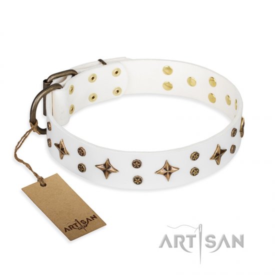 'Bright stars' FDT Artisan White Leather Dog Collar with Old Bronze Look Decorations - 1 1/2 inch (40 mm) wide