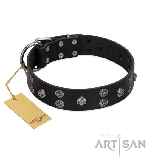 "Skull Art" Designer Handmade FDT Artisan Black Leather Dog Collar with Skulls