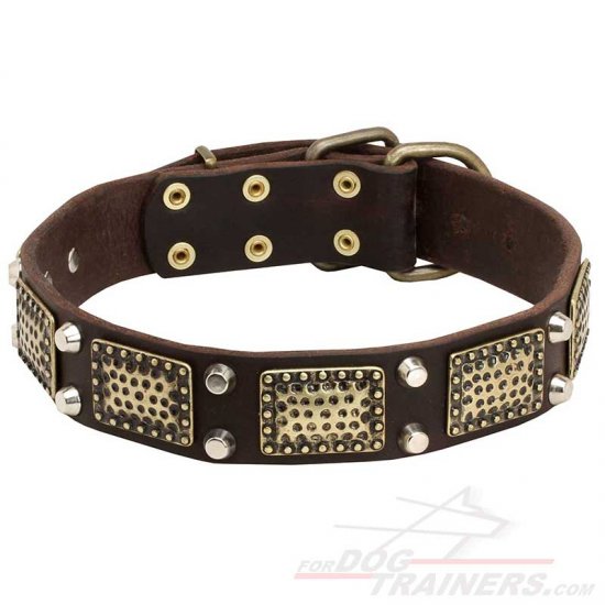 Designer Leather Dog Collar with Vintage Plates and Cones - Click Image to Close