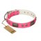 'Fashion Skulls' FDT Artisan Pink Leather Dog Collar with Old Silver Look Plates and Skulls - 1 1/2 inch (40 mm) wide