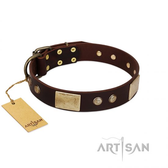 "Middle Age" FDT Artisan Brown Leather Dog Collar with Old Bronze-Plated Engraved Flowers and Large Plates