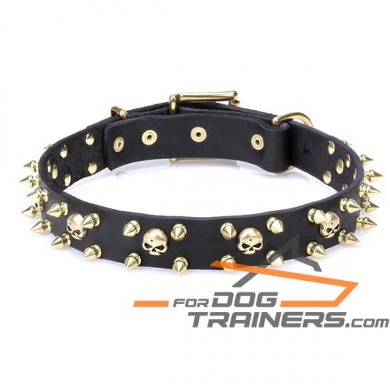 'Hard Spikes’n’Skulls' Leather Dog Collar with Brass Hardware 1 inch (25 mm) Wide