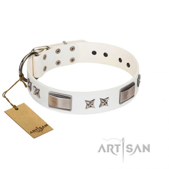 "Bling-Bling" FDT Artisan White Leather Dog Collar with Sparkling Stars and Plates