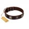 "Nut-Brown Finery" Embellished FDT Artisan Brown Leather Dog Collar with Chrome Plated Crossbones and Plates