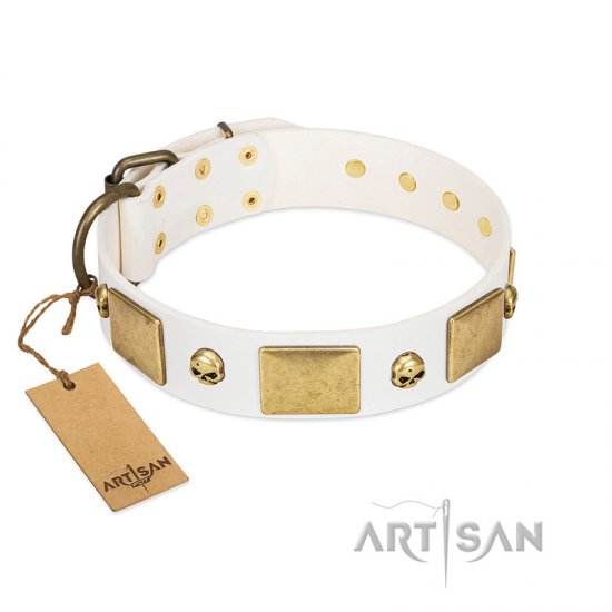 "Inspiration" FDT Artisan White Leather Dog Collar with Antiqued Skulls and Plates - Click Image to Close