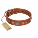 "Egyptian Gifts" Handmade FDT Artisan Tan Leather Dog Collar with Chrome-plated Pyramids