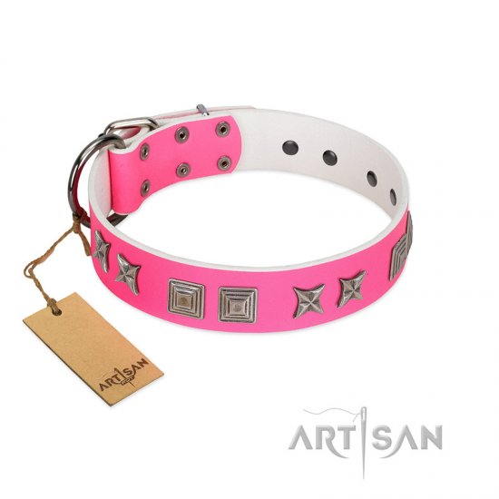 "Pink Wink" Handcrafted FDT Artisan Pink Leather Dog Collar with Plates and Stars - Click Image to Close