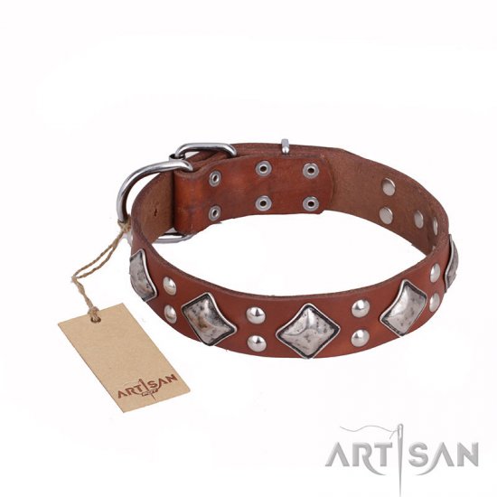 'Magic Squares' FDT Artisan Tan Leather Dog Collar with Silver-like Decor - 1 1/2 inch (40 mm) wide