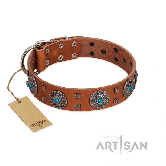 "Blue Sands" FDT Artisan Tan Leather Dog Collar with Silver-like Studs and Round Conchos with Stones - Click Image to Close