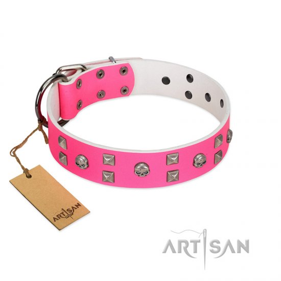 "Crystal Skull" Premium Quality FDT Artisan Pink Designer Dog Collar with Skulls and Studs