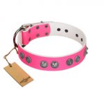 "Spiky Jewel" Handmade FDT Artisan Pink Leather Dog Collar with Silver-Like Embellishments