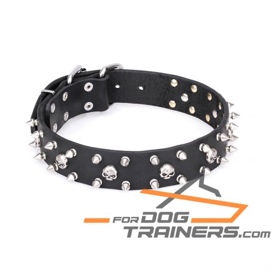 FDT Artisan 'Jolly Roger's Spikes' 1 1/2 Inch (40 mm) Leather Dog Collar with Small Skulls and 2 Rows of Spikes