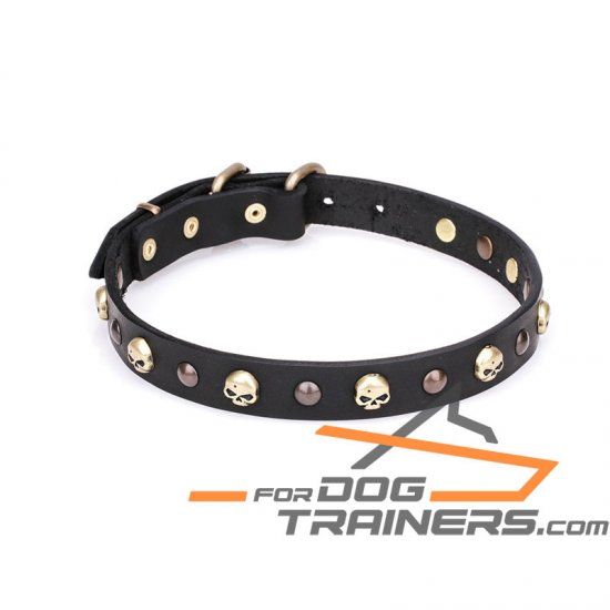 "Flibustier Charm" 1 1/5 Inch (25 mm) Leather Dog Collar with Old Bronze Brass Plated Half-Ball Studs and Skulls - Click Image to Close