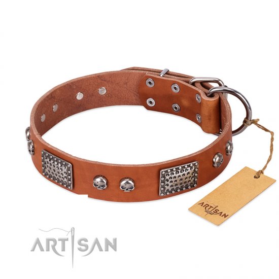 'Sparkling Skull' FDT Artisan Tan Leather Dog Collar with Old Silver Look Plates and Skulls - 1 1/2 inch (40 mm) wide