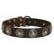 Classy Leather Dog Collar with Silver-like Conchos and Blue Stones