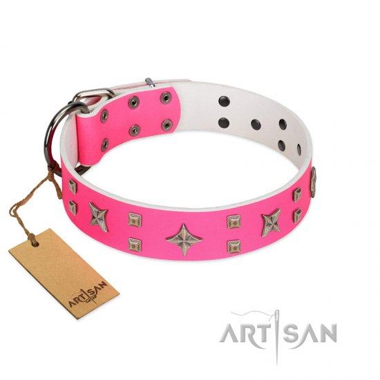 "Stars in Pink Dreams" Modern FDT Artisan Pink Leather Dog Collar with Studs and Stars