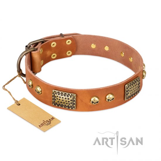 'Saucy Nature' FDT Artisan Tan Leather Dog Collar with Old Bronze Look Plates and Skulls - 1 1/2 inch (40 mm) wide - Click Image to Close