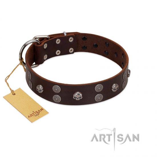 "Skull Valley" Handcrafted FDT Artisan Brown Leather Dog Collar with Skulls - Click Image to Close