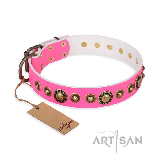 'Pink Gloss' FDT Artisan Leather Dog Collar with Old-Bronze Plated Circles and Studs 1 1/2 inch (40 mm) Wide - Click Image to Close