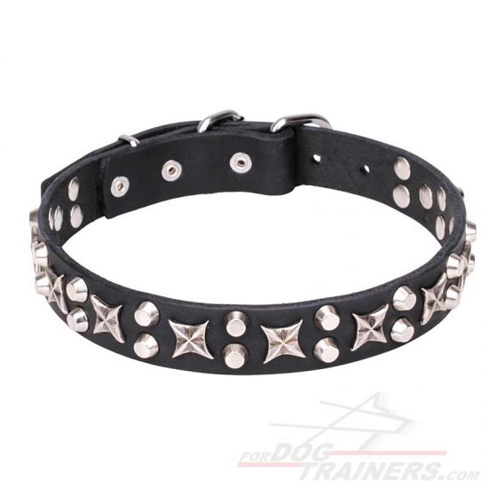 "Shining Stars" Fantastic Studded Leather Dog Collar with Chrome Plated Hardware 1 1/5 inch (30 mm) Wide - Click Image to Close