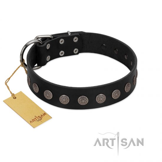 "Silent Star" Handmade FDT Artisan Designer Black Leather Dog Collar with Engraved Plates - Click Image to Close