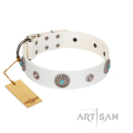 "Lush Life" Designer Handcrafted FDT Artisan White Leather Dog Collar with Blue Stones - Click Image to Close