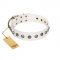 "Solar Energy" FDT Artisan White Leather Dog Collar with Silver-like Studs and Medallions