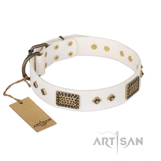 'Snow-covered Gold' FDT Artisan White Leather Dog Collar - 1 1/2 inch (40mm) wide