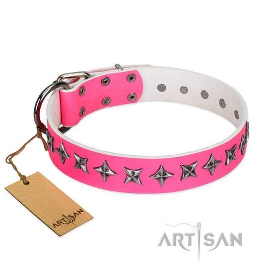 "Star Dreams" FDT Artisan Pink Leather Dog Collar with Silver-like Stars - Click Image to Close