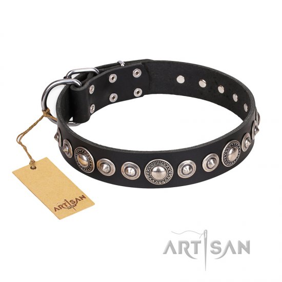 ‘Strict Elegance’ FDT Artisan Black Leather Dog Collar with Decorations - Click Image to Close