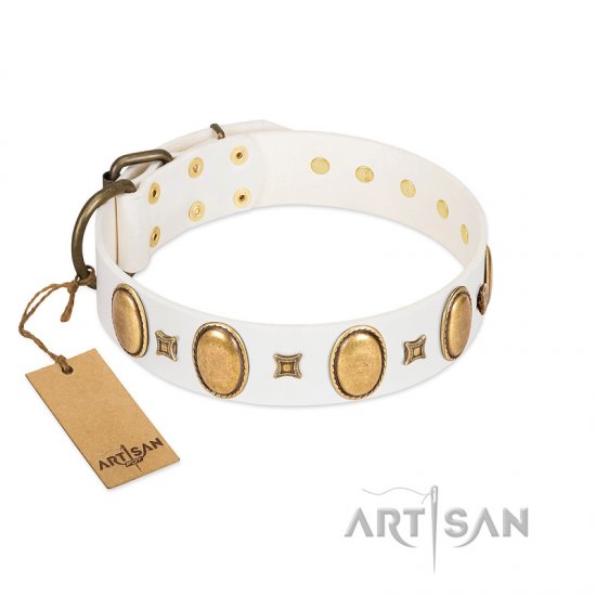 "Chichi Pearl" Designer Handmade FDT Artisan White Leather Dog Collar with Ovals and Studs